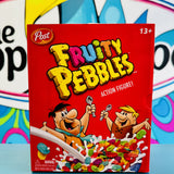Fruity Pebbles Fred Flintstone action figure in red cereal box-style packaging